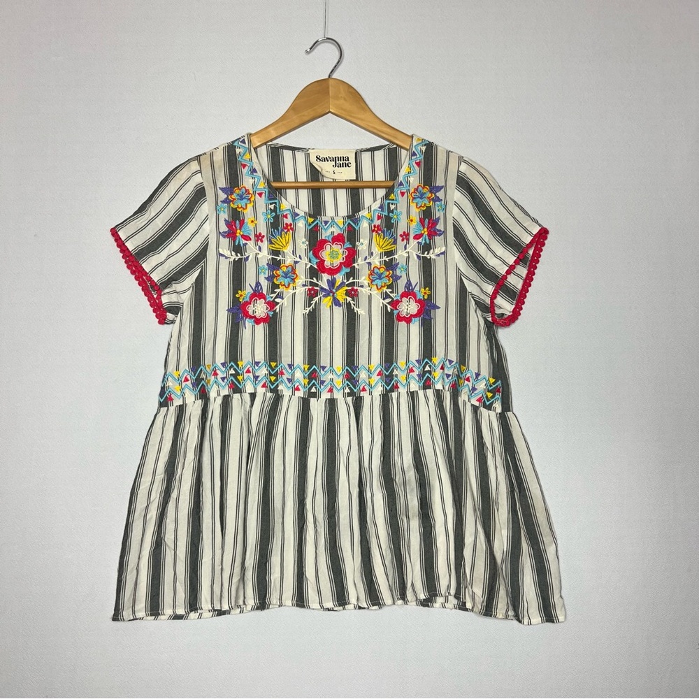 Savanna Jane Stripe Floral Embroidered Women’s Boho Women’s Blouse Size S
